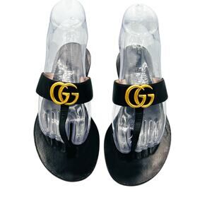 Gucci GG Marmont Logo Thong Sandals Black Leather Gold Hardware EU 35.5